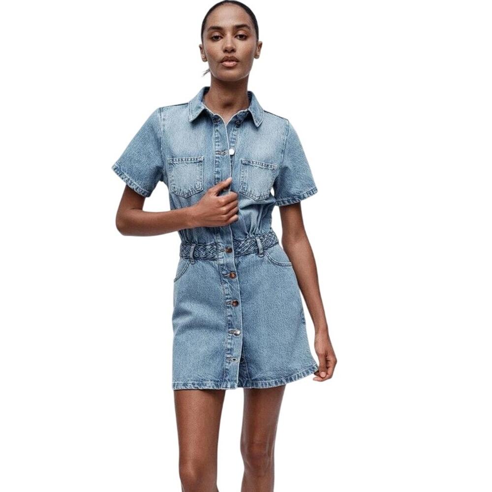 ZARA Women's Mini Denim Shirt Dress Size L In Mid Blue